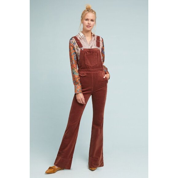 NWT Anthropologie Pilcro Corduroy Overalls in Honey Brown Stretch Flare Cord 30 - Picture 1 of 12